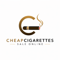 Gold letter C logo with cigar graphic and smoke, text reading Cheap Cigarettes Sale Online